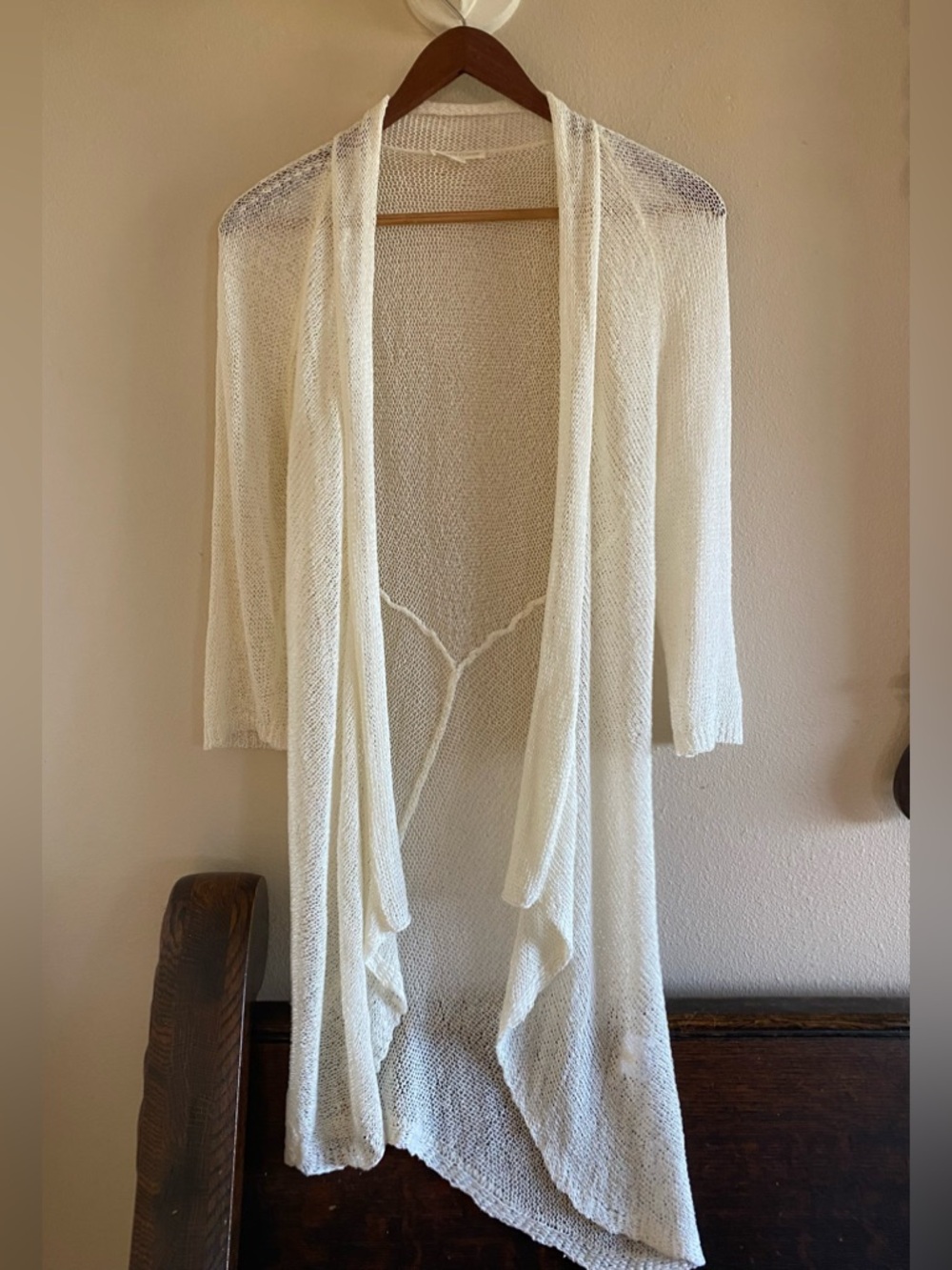 Eileen Fisher Cream Linen Blend Asymmetrical Mesh Kit Cardigan